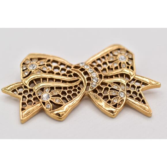 1928 Vintage Floral Bow Pin Brooch Rhinestone Crystal Antiqued Gold 1980s BinBP - Picture 5 of 12